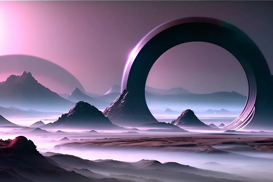 Alien landscape with Epic explanet with rings in the sky, valley, cinematic