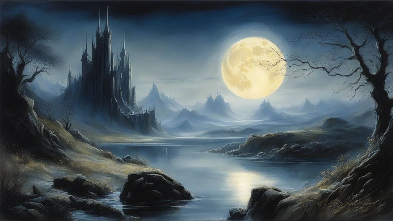 Style John Howe, calm beauty, night, moonlight, fantasy world, magic, LOTR, beautiful composition, exquisite detail, realistic, fascinating