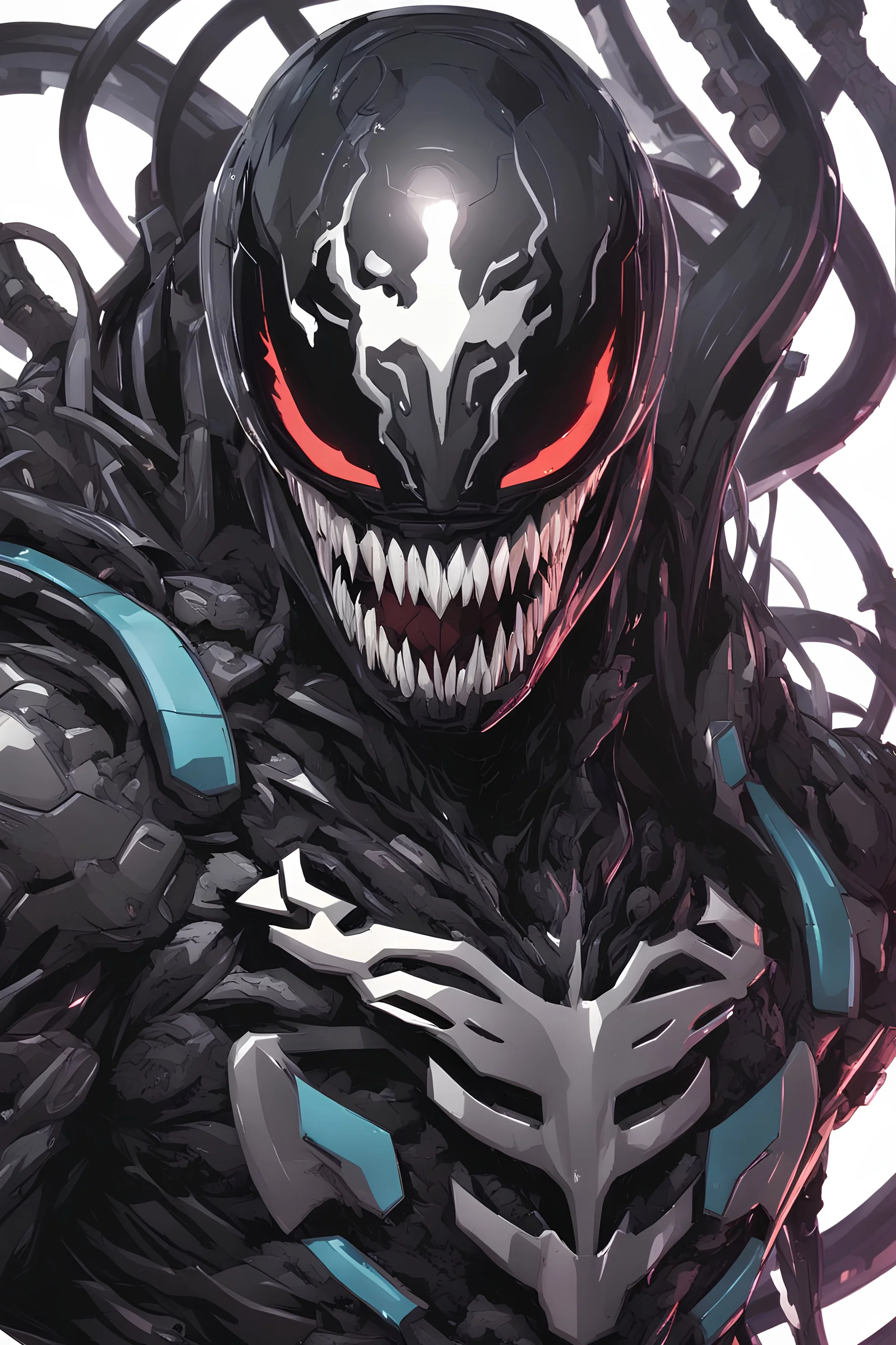 Venom mix with machine in solo leveling shadow artstyle, cyberpunk them, intricate details, highly detailed, high details, detailed portrait, masterpiece,ultra detailed,best quality