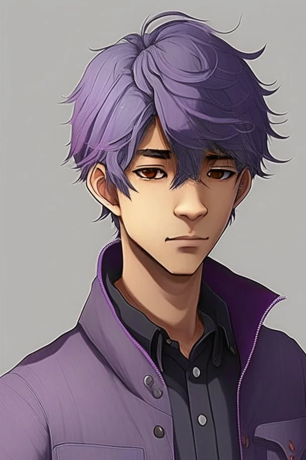 Light brown skin, red eyes, straight short purple-grey hair, black clothes, round face, young adult