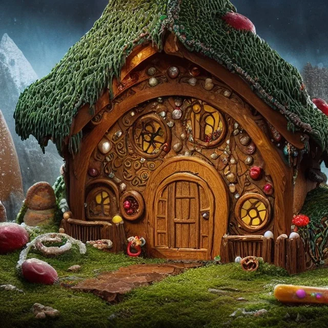 an intricate Hobbit-style gingerbread house with rainbow sprinkles, crushed rock candy, frosting, 8k resolution, centered, high-quality, ultrafine-detail, wide-angle lens, digital art, detailed matte, volumetric lighting, illustration, 3D octane render, brian froud, howard lyon, ben goossens, George Grie, alphonse mucha