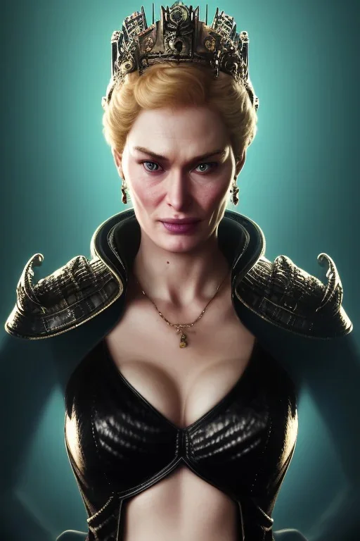 Cersei Lannister as evil queen in black leather, busty, cleavage, curvy, lena headay, angry, stern look. character design by cory loftis, fenghua zhong, ryohei hase, ismail inceoglu and ruan jia. unreal engine 5, artistic lighting, highly detailed, photorealistic, fantasy