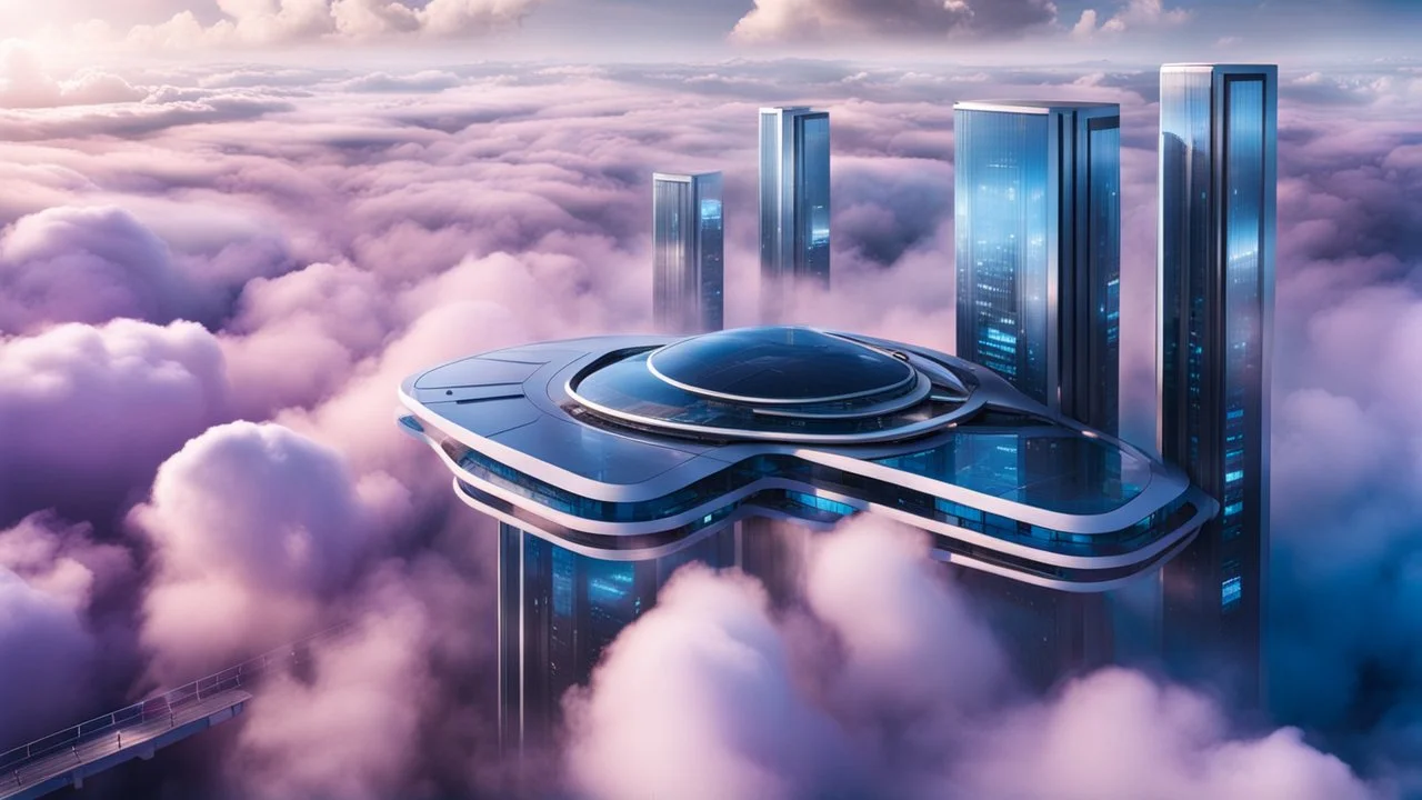 medium shot photo from high-tech futuristic office building between in big clouds , glass and metalic walls, tall, cyberpunk, blue, and dark colors with a landing dock of futuristic cars floating in the clouds, blue-white-purple sky, cold colors, high detalied, sharp focus, sci-fi mood