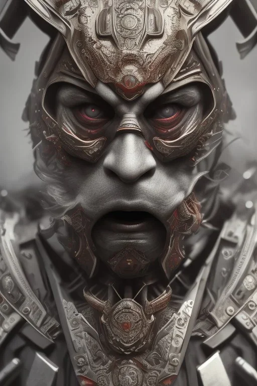 Furious rage, samurai warrior mask, close-up, macro lens, centered camera, intricate details, small minutiae, tiny features, particulars, colorful, 8k, least ambient occlusion, volumetric lighting,