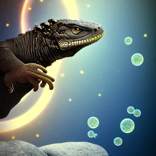 Black monitor lizard floating in space with bubbles around wearing glasses