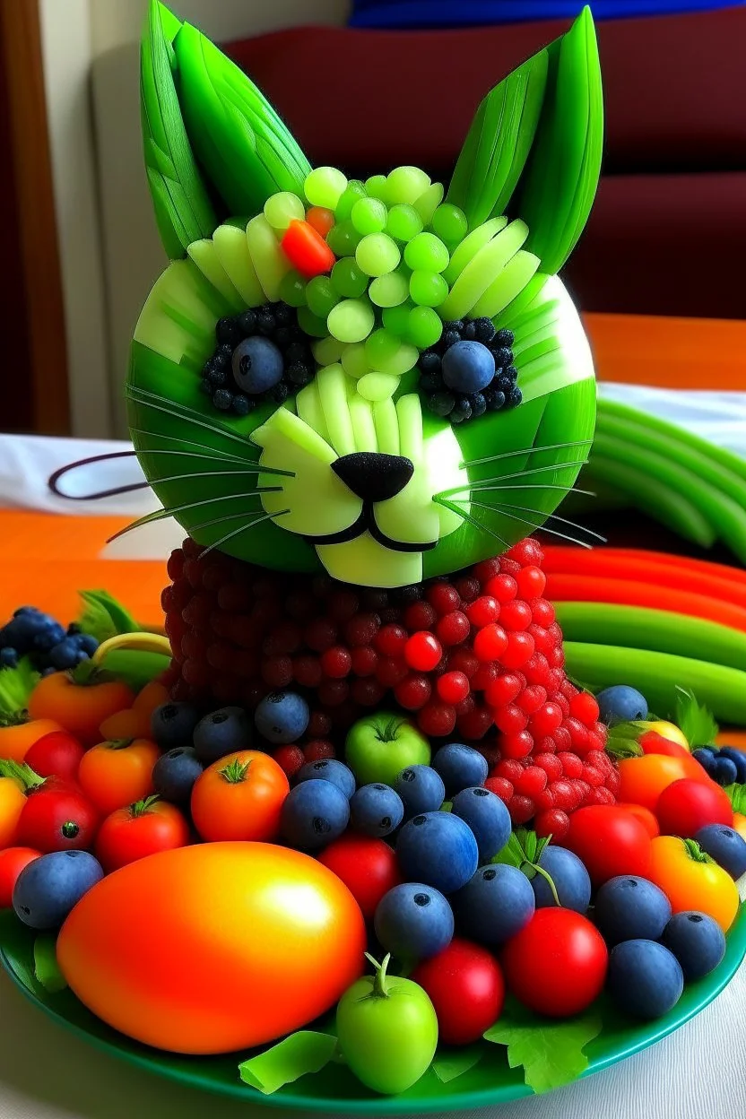 un chat fabriqué uniquement avec des morceaux de légumes et de fruits.