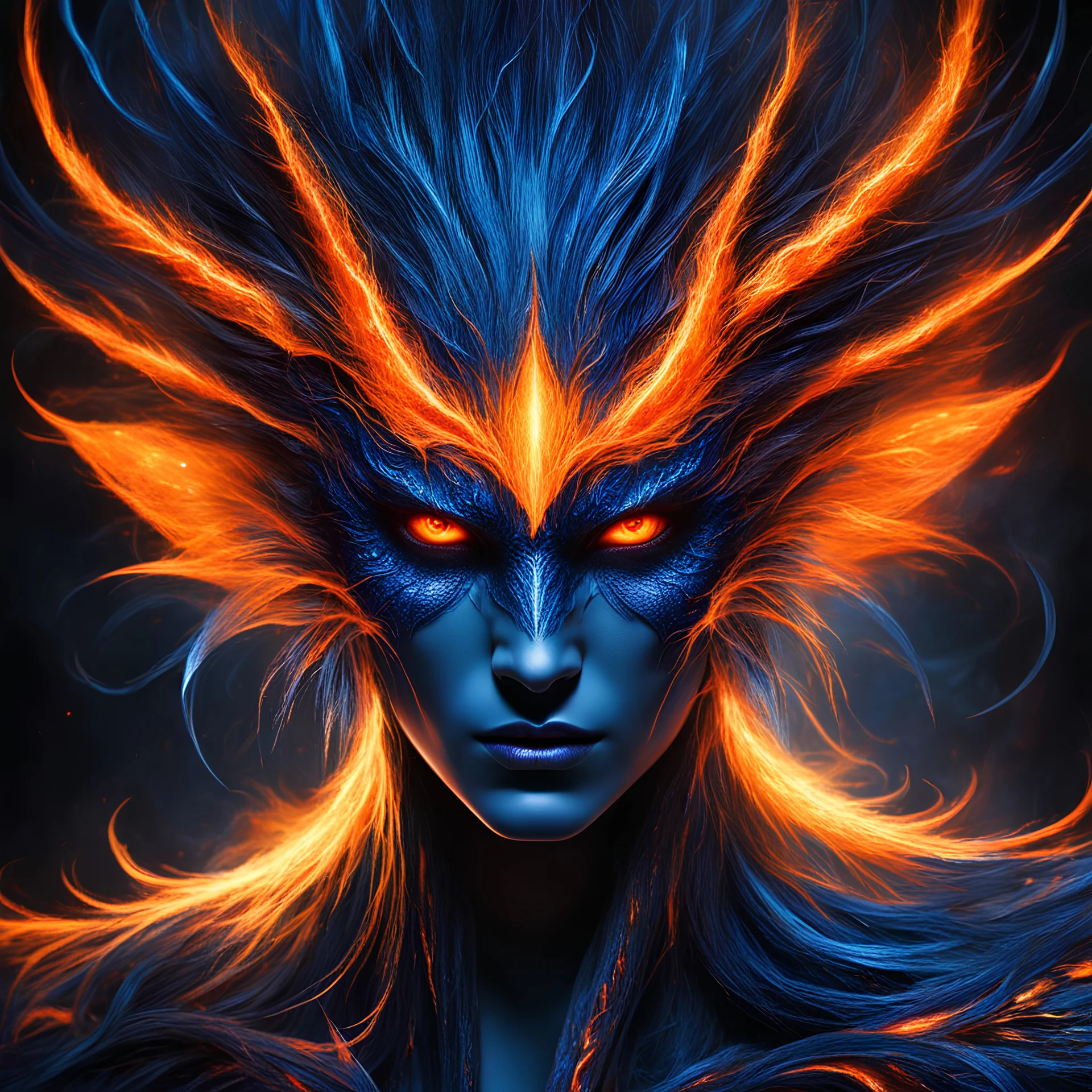 The Electra Daemon is a sight to behold—a creature with striking, luminescent orange eyes that pierce through the shadows. These eyes are not just for seeing but for instilling fear and asserting dominance, glowing with an intensity that suggests an unquenchable inner fire. The Daemon’s hair, a mass of metallic blue tendrils, writhes and twists as if alive, each strand a conduit for the electric energy that courses through its body. Interwoven with the hair are glowing orange filaments, adding t