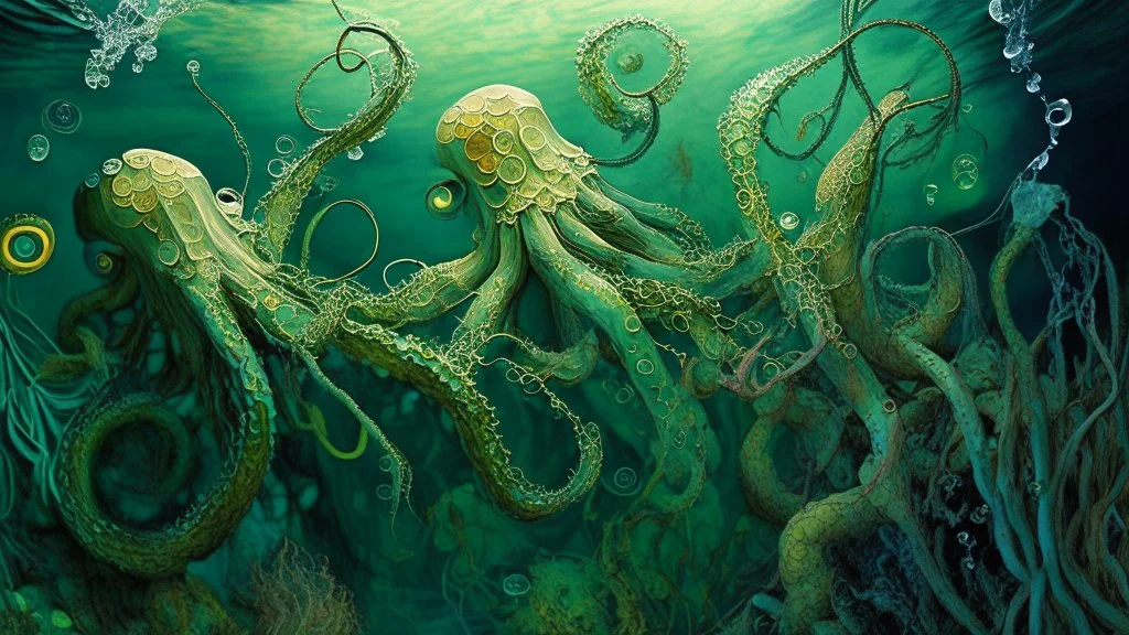 Underwater octopuses, algae and muses dance tangled to the beat of the tide