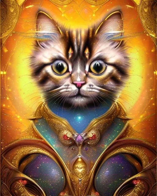 Cat , 500 x 500 pixels, glitter gold, extremely detailed fractal , fractal gems, fractal crystals, gold glitter, imperial colors ,digital oil painting , detailed art illustration, vibrant, cinematic, ornate, luxury, 8K polished in the style of Josephine Wall, Brian Froud.Thomas Kinkade