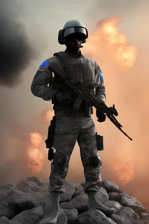 All Black American soldier, high tech special forces helmet, navy seals soldier, G.I. Joe, white smoke, dark, rage, sorrow, high definition, ultra 8 k, volumetric lighting, blue fire, fog