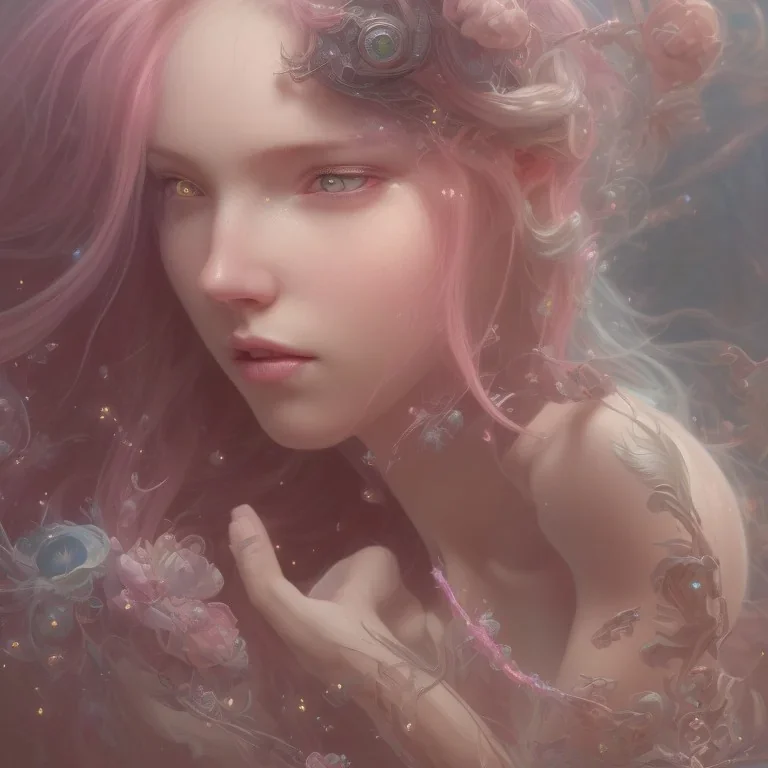 girl, fairy wings, cute, beautiful, long hair, pink hair, 8k resolution concept art portrait by Greg Rutkowski, Artgerm, WLOP, Alphonse Mucha dynamic lighting hyperdetailed intricately detailed Splash art trending on Artstation triadic colors Unreal Engine 5 volumetric lighting fairycore auroracore