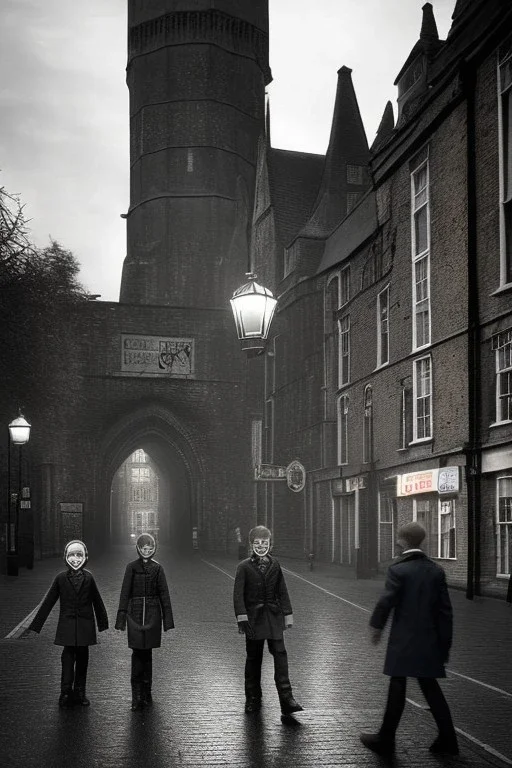 Creepy Old photo of Southampton bargate and eerie cat man and twisted street lights focussed on children's faces