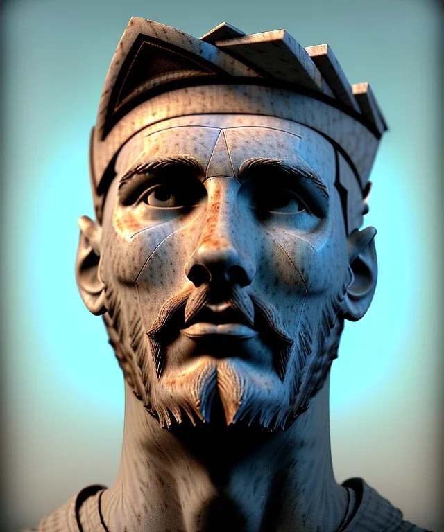 Gran angular, Realistic image, roman sculpture, marble deluxe material, Lionel Messi, gold Laurel leaves crown model, miguel angel style, chisel style, emperador, waist up portrait, cinematic lighting, God light, god rays, 4k resolution, smooth details, ornate details, soft lighting, unreal engine 5, soft cyan background.