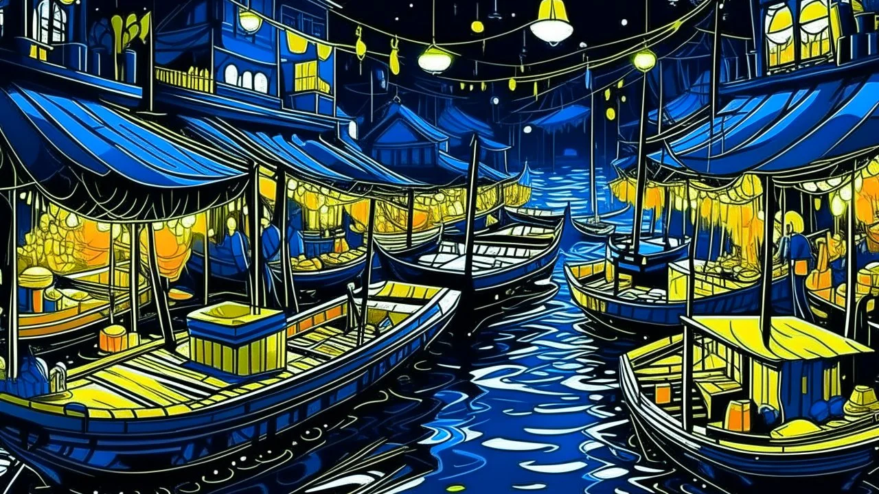 Comic style, A floating market with stalls on boats and neon lights, navy blue, white and bold yellow color scheme, scandinavian vibe, diffused pale light, graphic illustration, comic art graphic novel art, highly detailed