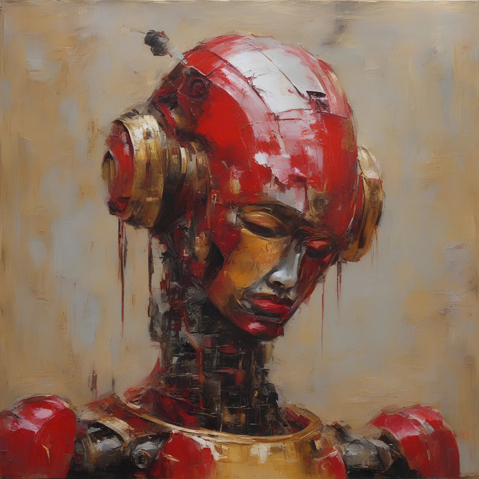 Tableau rouge, peinture au couteau, à l'huile feuilles d'or, robot