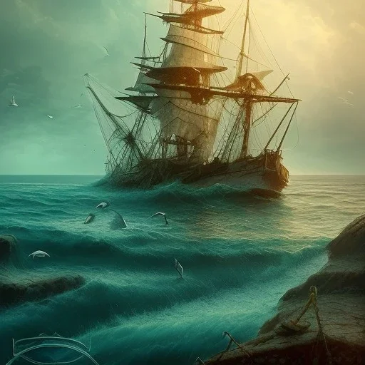 beach with ship wreck, birds, water, reflection, movie poster, fantasy art, misty