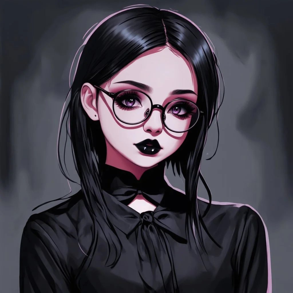 a pretty 18 year old girl, goth aesthetic, glasses, digital art, stylised