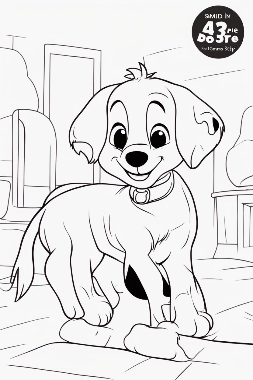 blank colouring book, white background, simple picture for toddlers, dog with one tail, four legs, smile on face, disney and pixar style