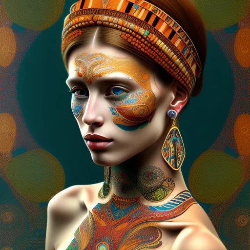 retrato de Mujer tribal bella con tatuajes con estilo de Gustav Klimt