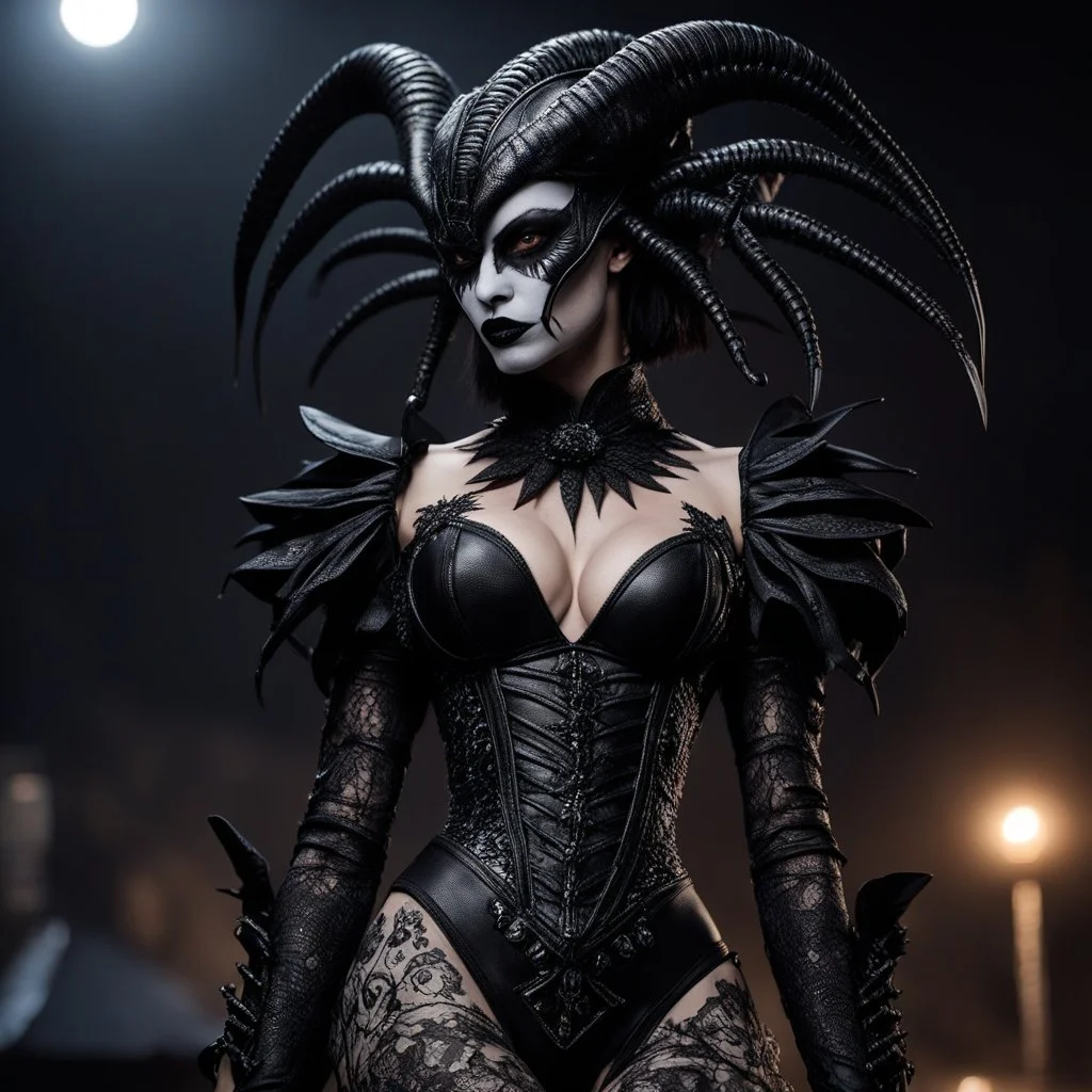 the goth Japanese demonic alien xenomorph clown woman strikes a commanding pose, her figure partially obscured as she faces her adversaries. With a 3/4 view from behind, her unique agent provocateur costume intricately detailed with black lace and tar designs catches the moonlight, casting eerie shadows around her. In this striking Power Pose, she exhibits her formidable attributes through her gothic killstar costume and posture, symbolizing her strength and confidence in the face of danger.