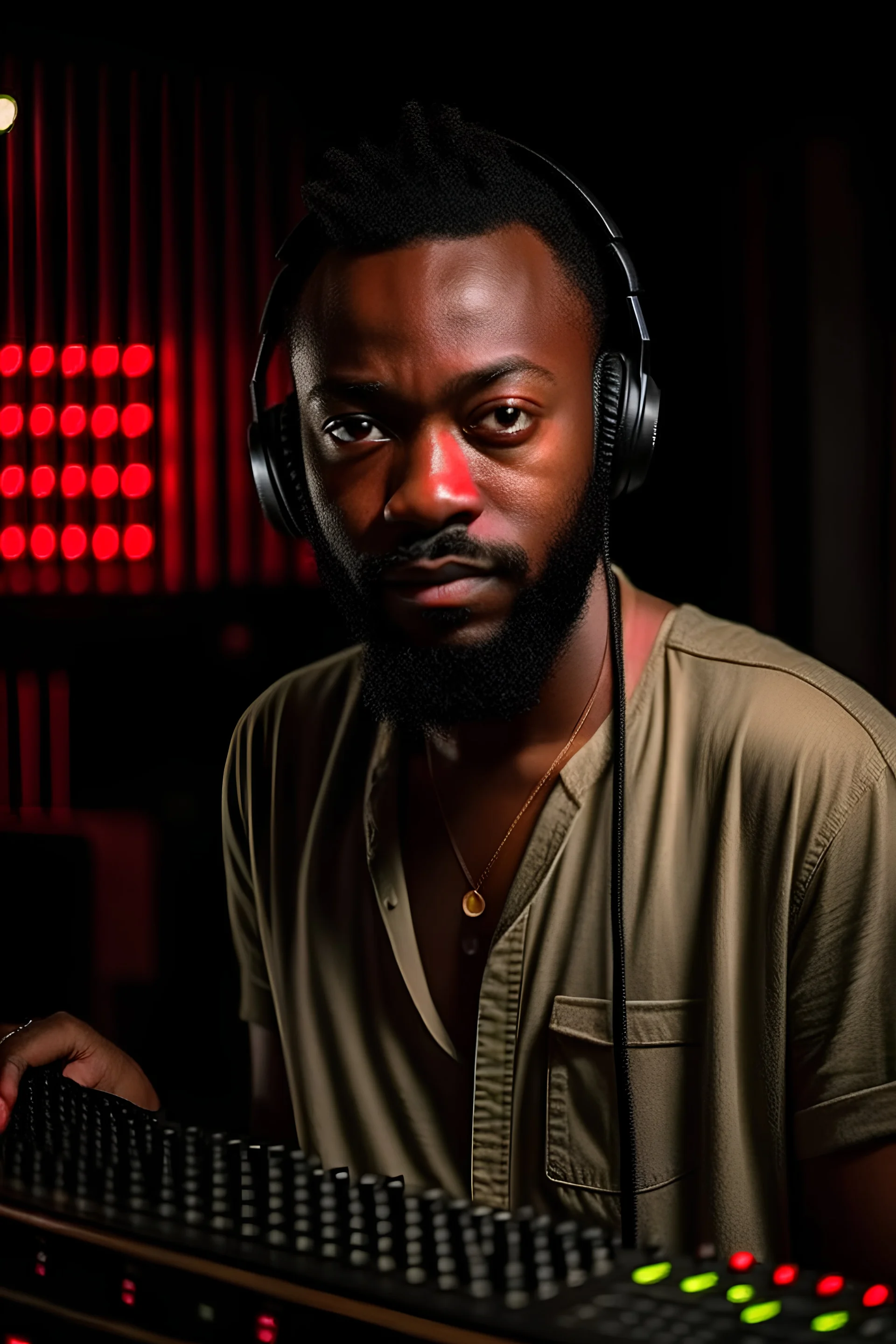 colombian dj and producer, dark skin, with some beard, in recording studio, expert in electronic music.