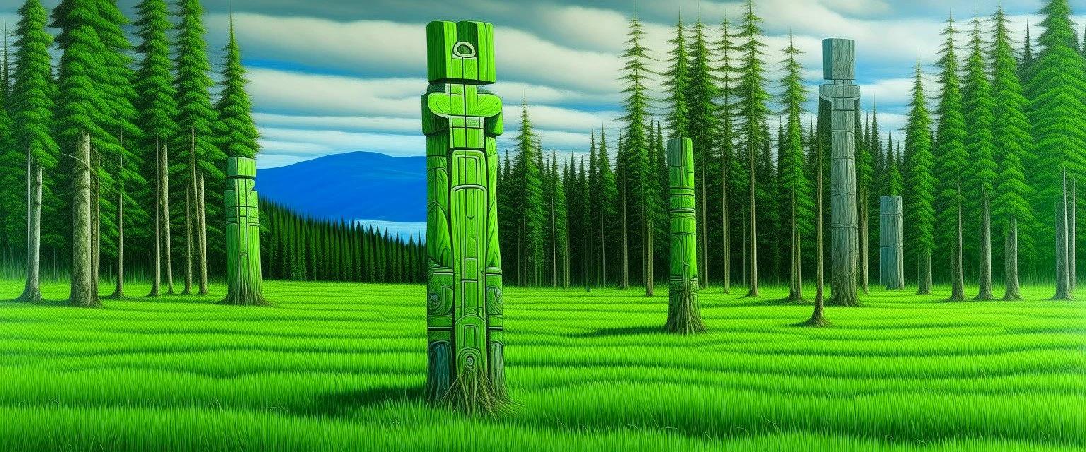 A green grassland near a clearing designed in pacific Northwest totem poles painted by Frank Wilson