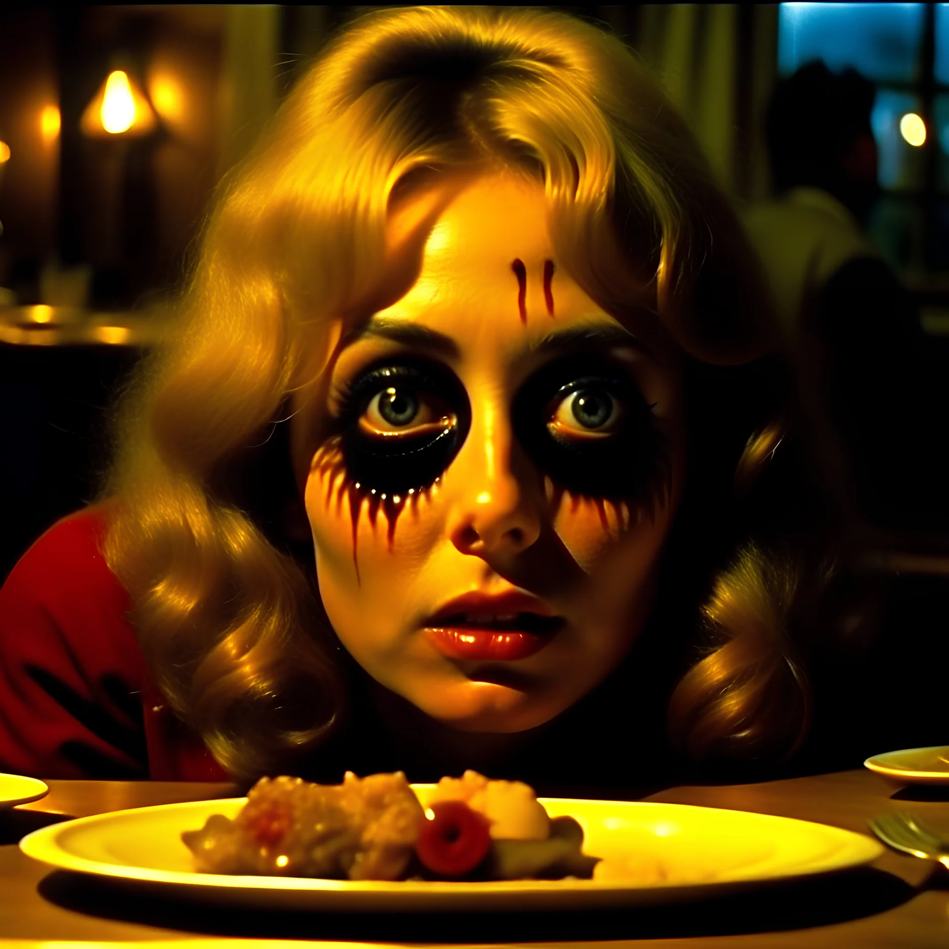 Spooky, ultra realistic distress, dining, ultra realistic hot woman, nose, giant eye on a table, organic hot bondes, dynamic, anguish, excited and lively scene, hypermaximalist figures, Creepy the Ring Alfred Hitchcock, Sam Raimi, insanely detailed, sinister, John Carpenter, Dario Argento, ornate