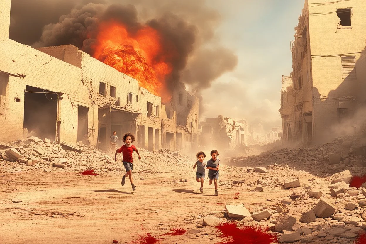 bloody children running from bombs in a ruined city in Palestina, smoke and fire and explosions