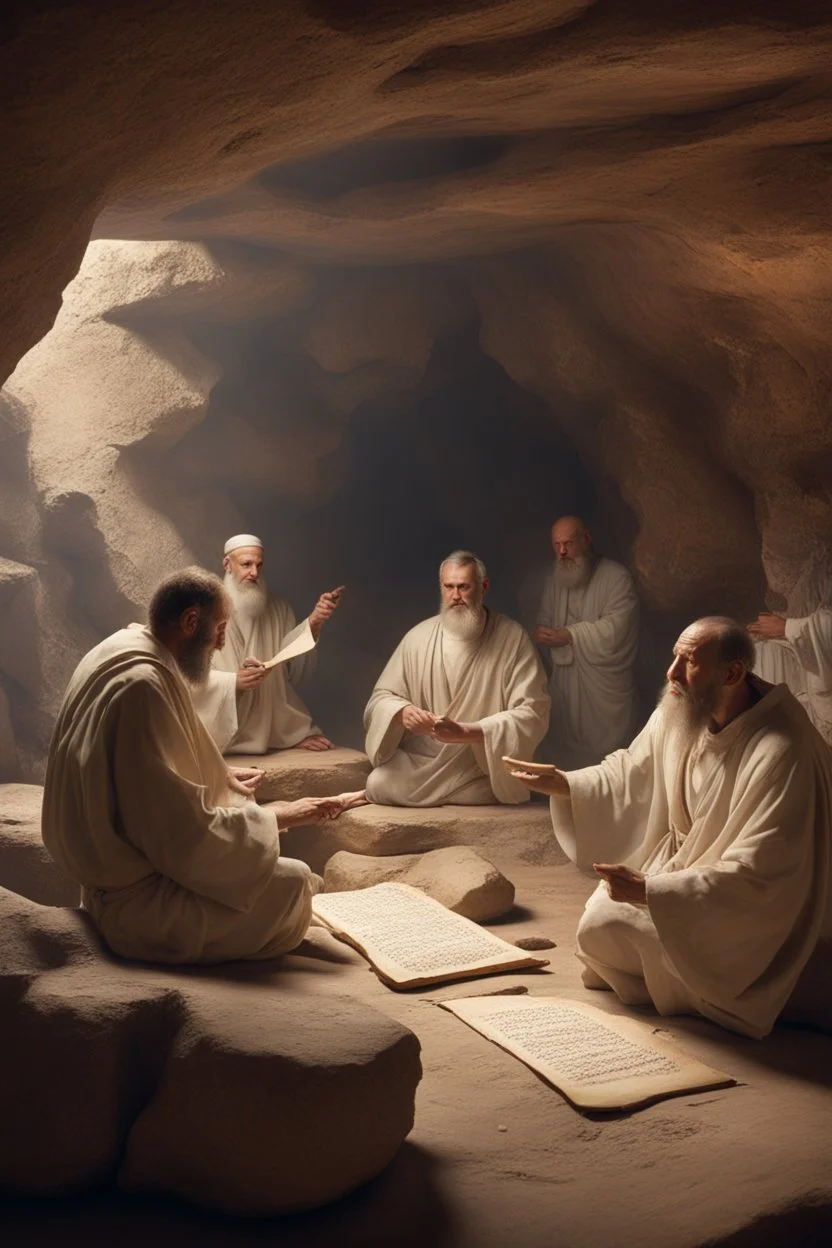 Several Christian priests of the 1st century AD are sitting in a cave and actively arguing and gesticulating, each holding a scroll of Ancient Scripture, on a wooden table in front of them there are many ancient scrolls, all painted with oil paintings in high resolution, in 8k.