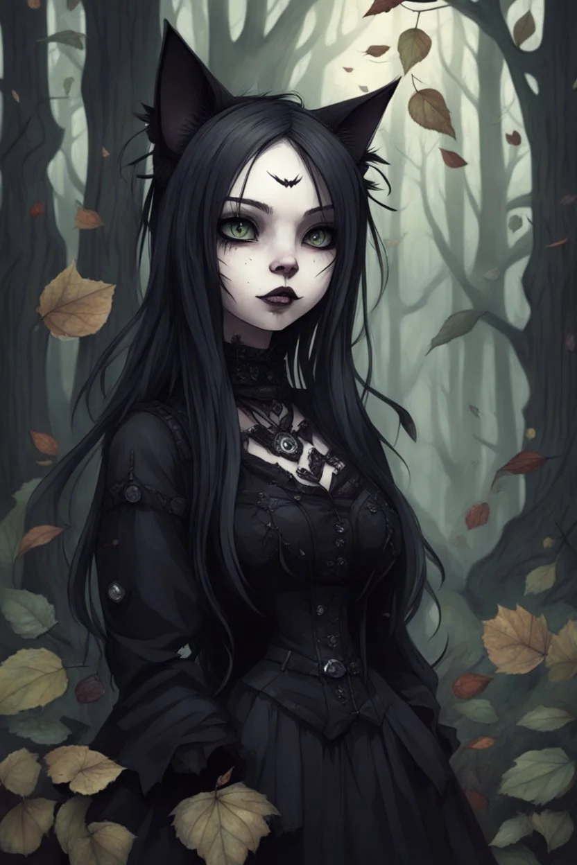 CAT GIRL, goth, SOULLESS, forest, nature, cartoon, leaves