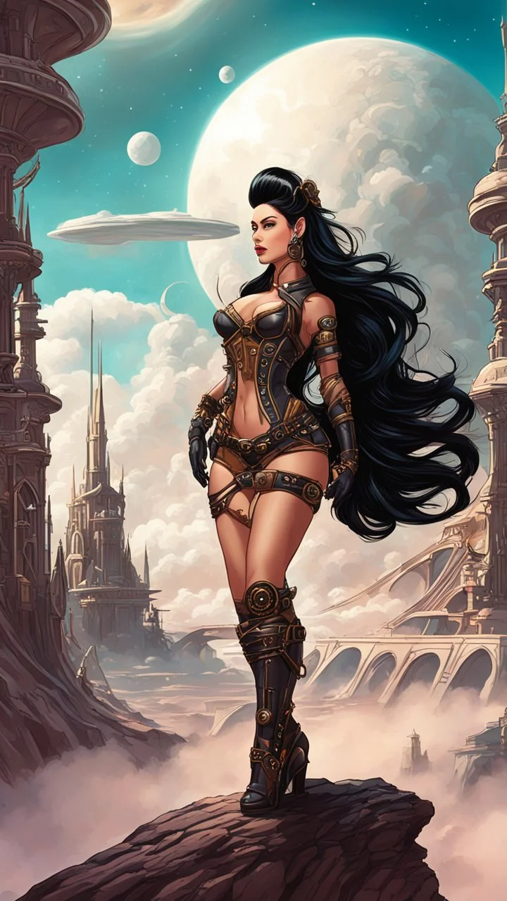 exotic sci-fi steampunk pin-up girl, with long dark hair, on an alien planet with cloud trees, tall spires, buildings, arches and bridges