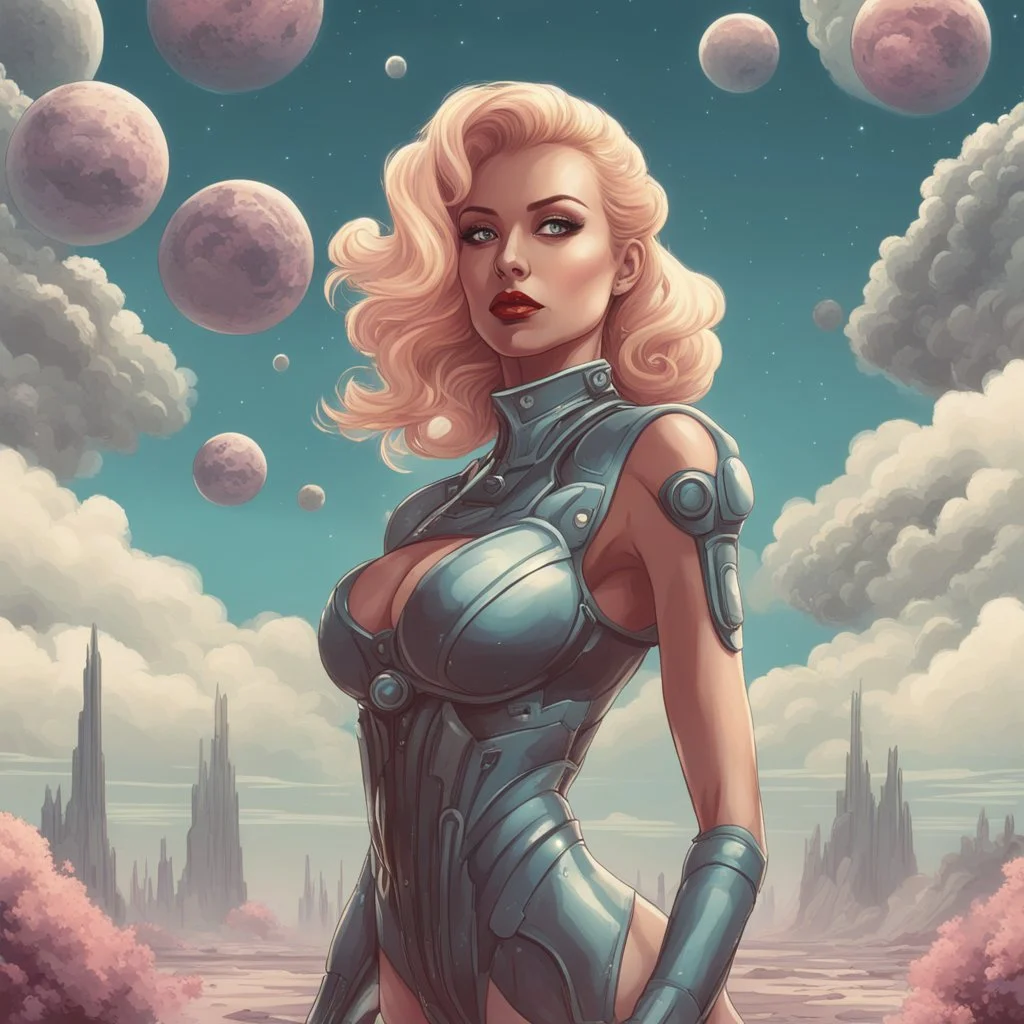 slim Sci-fi pin-up girl on an alien planet of cloud trees in the multiverse