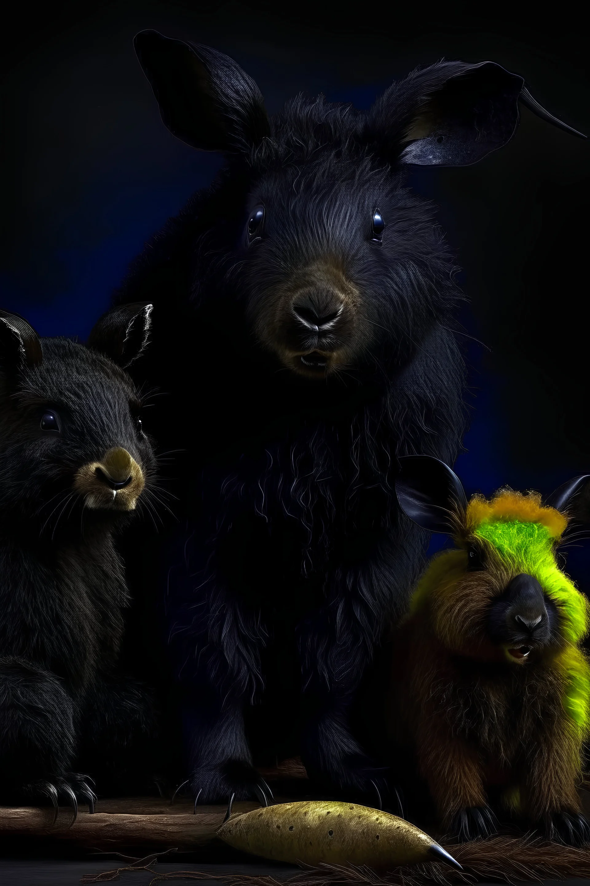 Bear and boar and rabbit hybrid, black, photograph