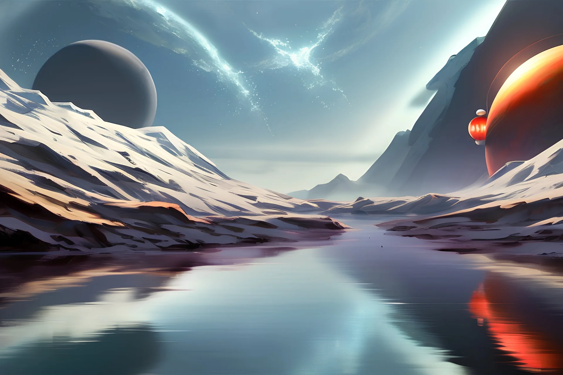 exoplanet, stream, water reflection, people, sci-fi.