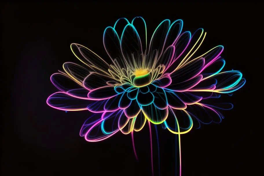 black background, outlines of a beautiful holographic flower, drawn from thin neon-coloured glowing lines