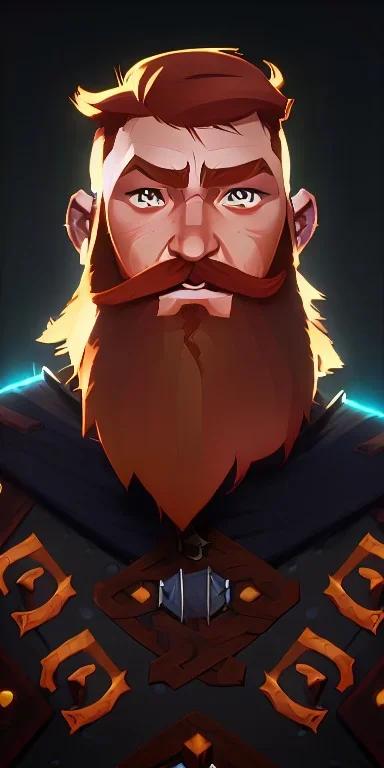 Dungeons and dragons character, warrior dwarf male, friendly face, high detail, High definition, ginger braided beard, ginger long hair in a bun, metal plate armor, short height, black backdrop, mustache, long war axe, cloak, short bulky body