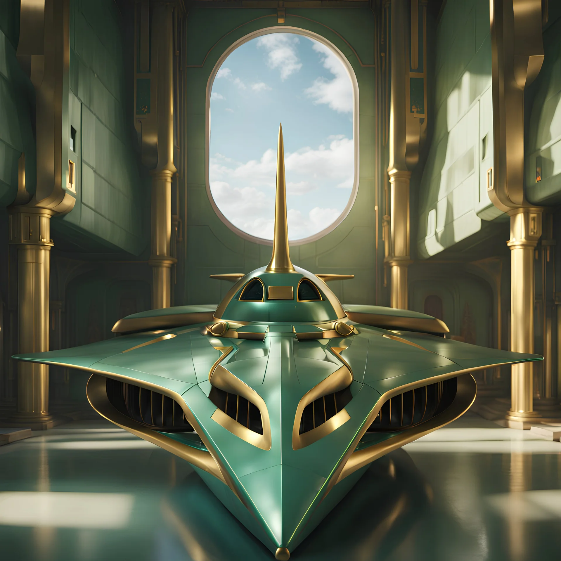 stunning hyper-realistic render of a sleek and elegant Naboo staryacht in pearlescent gasoline green with gold trim sitting in ancient jedi temple hangar, fully symmetric details