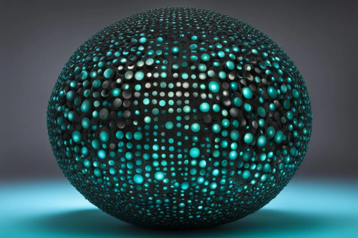 beautiful composition, black spheres with holes, woven of thin black wire, the entire surface of the sphere is filled with symmetrically arranged round holes, from the inside of the sphere a bioluminescent blue-green (sometimes blue, sometimes green) light is emitted, projecting coloured round spots onto the whole background and the whole horizontal base where the sphere is placed. S<AI