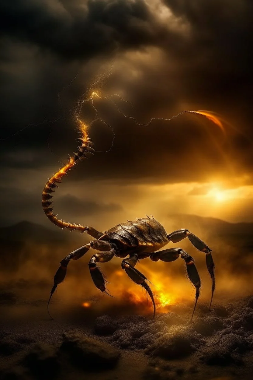 Scorpion surrounded by fire. Tail curled up behind his back ready to strike under a storming sky with lightening