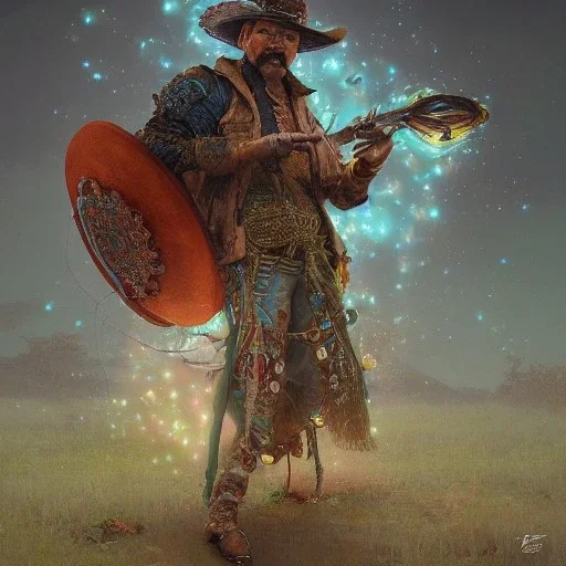 Insanely detailed photograph of an “ a mustachioed cowboy warrior "with worn Sombrero, handsome charo,cigar,glowing bluish green orb in outstretched hand, hyperdetailed painting by Ismail Inceoglu Huang Guangjian and Dan Witz CGSociety ZBrush Central fantasy art album cover art,8K, hdr, mysterious, flickeringlights ,Stoic