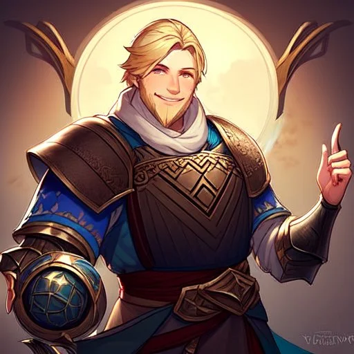 A nord male battlemage from Skyrim, full plate nordic armor, blond hair of medium length, hearty, smiling, thick short beard, an electric sphere in right hand, correct proportions