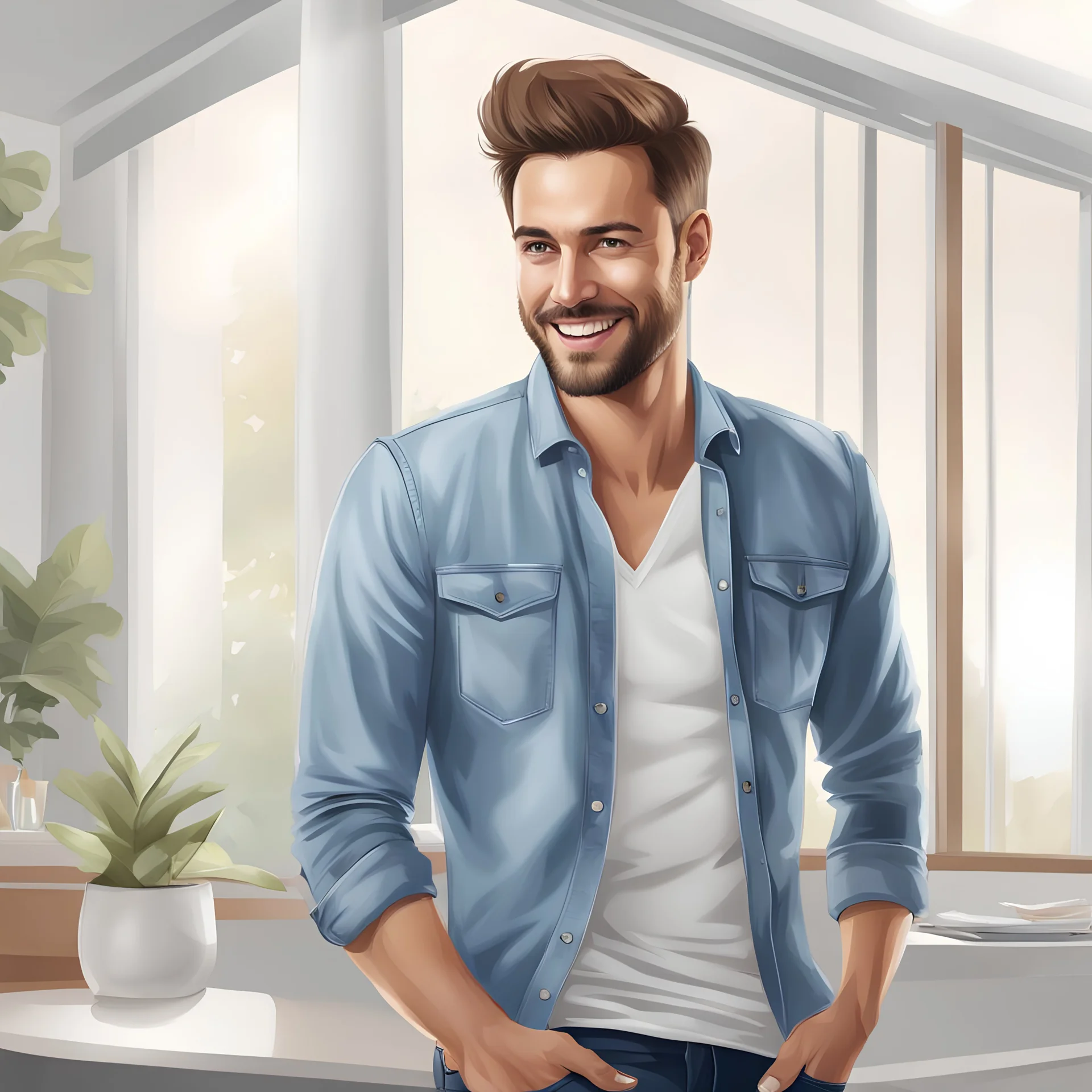 Portrait of incredibly graceful man, brown hair, no beard, reflecting the modern day with his impression, casual dress and cheerful looking photorealistic photography, realistic