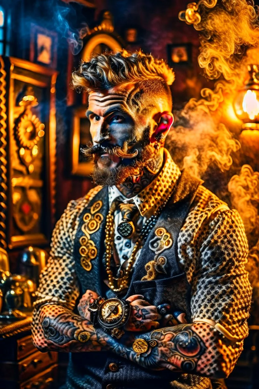 portrait photo of steampunk spaceman with tattoo of a human, scary tattooist in high end parlor, smoke, mist, lightrays, depth of field, photography