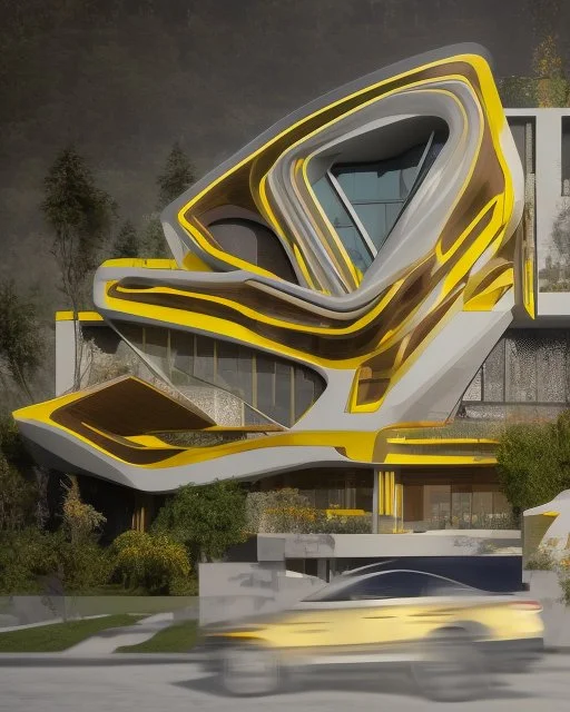 Arte de tinta casa estilo Zaha Hadid color rojo amarillo y blanco 8k