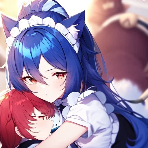 Clear Focus, High resolution, wearing a maid uniform, fluffy hair and a long ponytail, blue hair, cat ears, meowing, hugging another girl with red long fluffy hair also wearing a maid outfit, looking at you