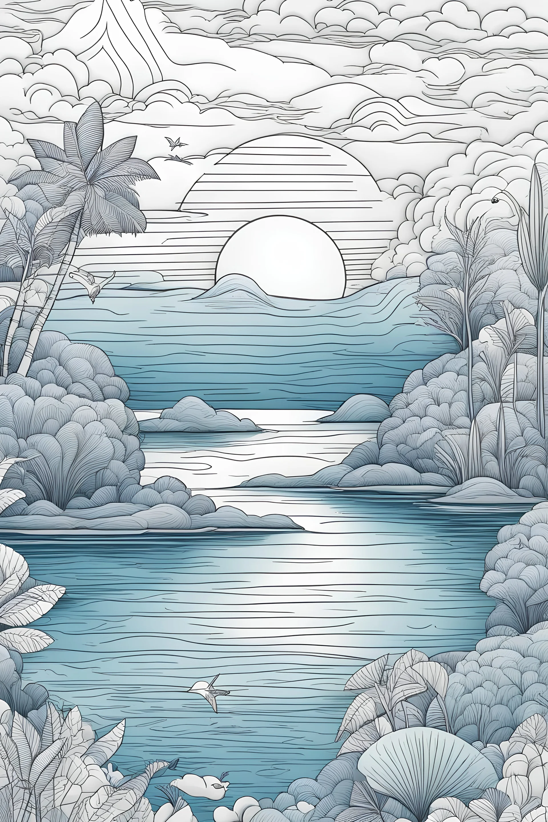 A sky ans sea in cartoon style with thin lines, no color, white background, only strokes, minimalism, simple lines