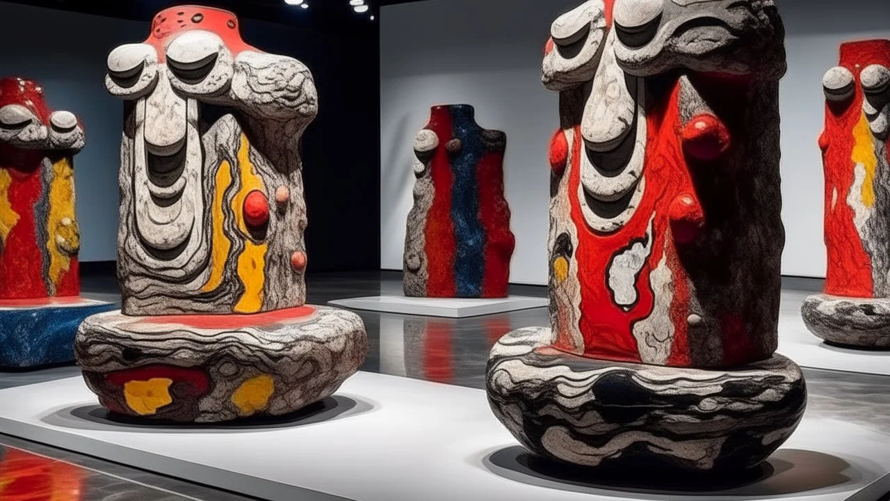 Flowing lava lakes with angry faced statues painted by Jean Dubuffet