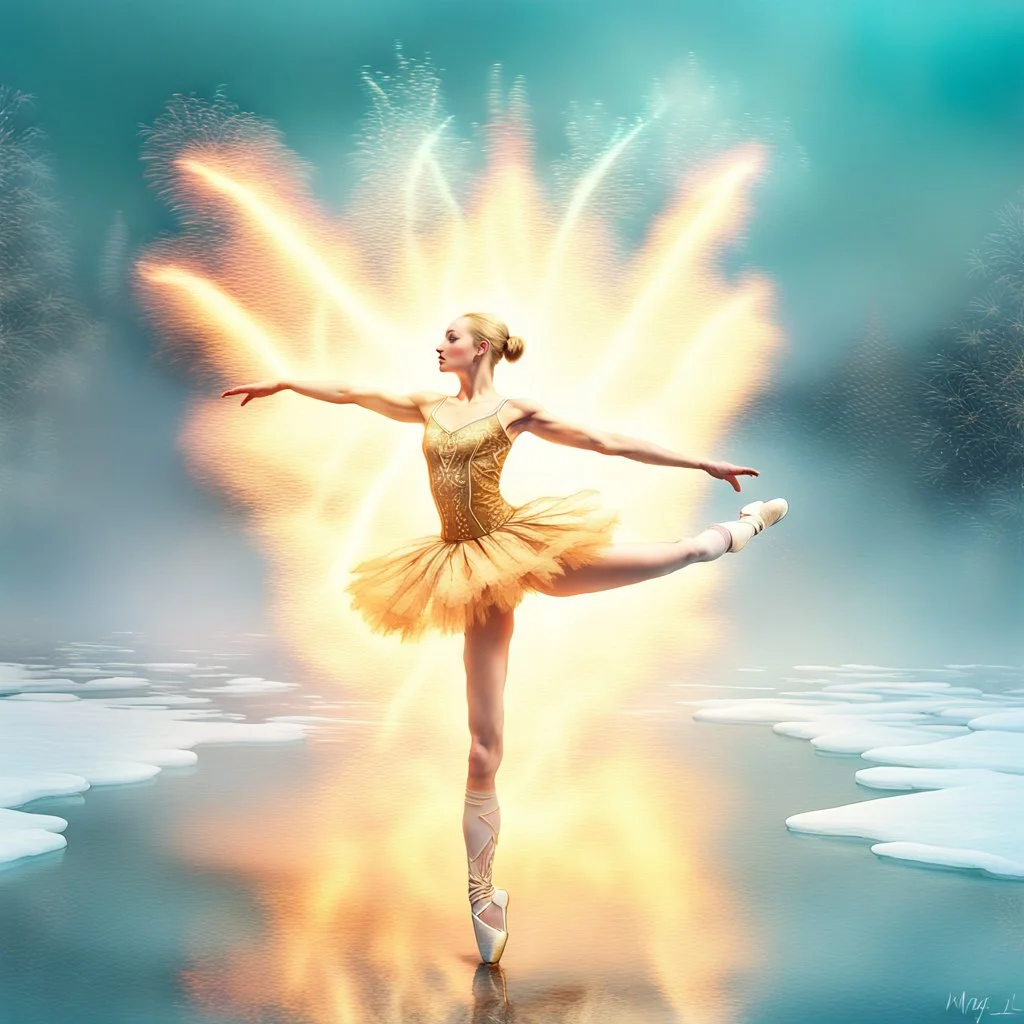 Double Exposure Blonde ballerina in gold embroidered dance clothes tiptoes on an ice surface, surrounded by smoke and fire rising from the ice surface and falling from the sky, with colorful fireworks in the background, breathtaking fantasy art, breathtaking digital art, stunning digital art. , dramatic fantasy art, surreal digital artwork , inspired by Liz Dharma, by Liz Dharma, magical realism and dark fantasy, trendy digital fantasy art, dark fantasy digital art, accurate and undistorted huma