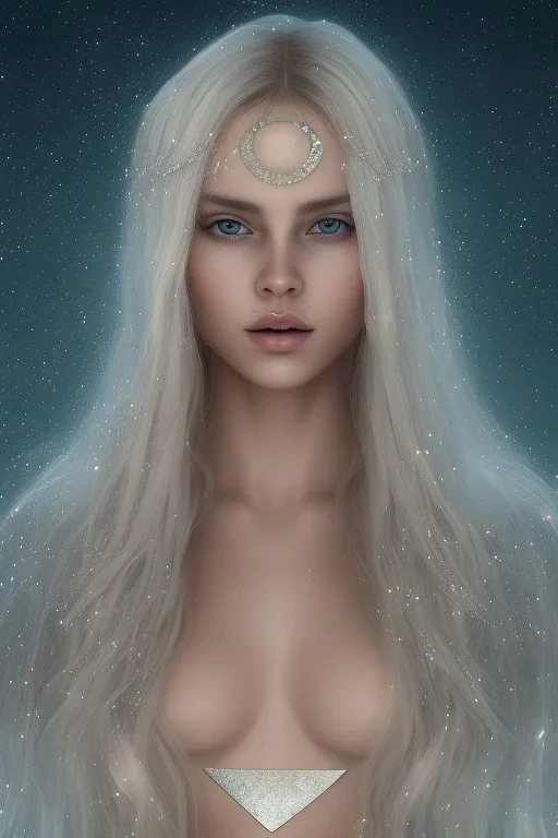 voile d'étoile dans le ciel, femme cosmique, belle, fine, jolie bouche douce subtile, long cheveux blond etoilés, bijou de cristal bleu sur le front , dans plan d'eau, vray, cgi, reflets de lumen, prairie