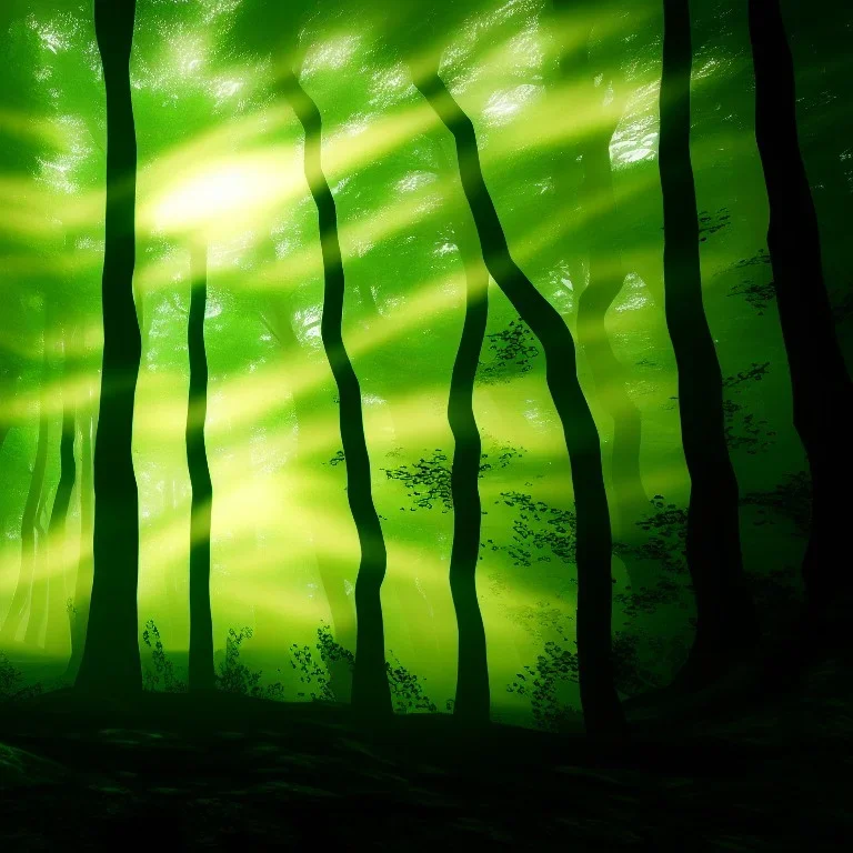 spooky forest, 4k, 8k, highly detailed, cinematic, ultra photorealistic, volumetric lighting, sharp details, mist, trees, depth of field, sun shafts, sunset, wide view